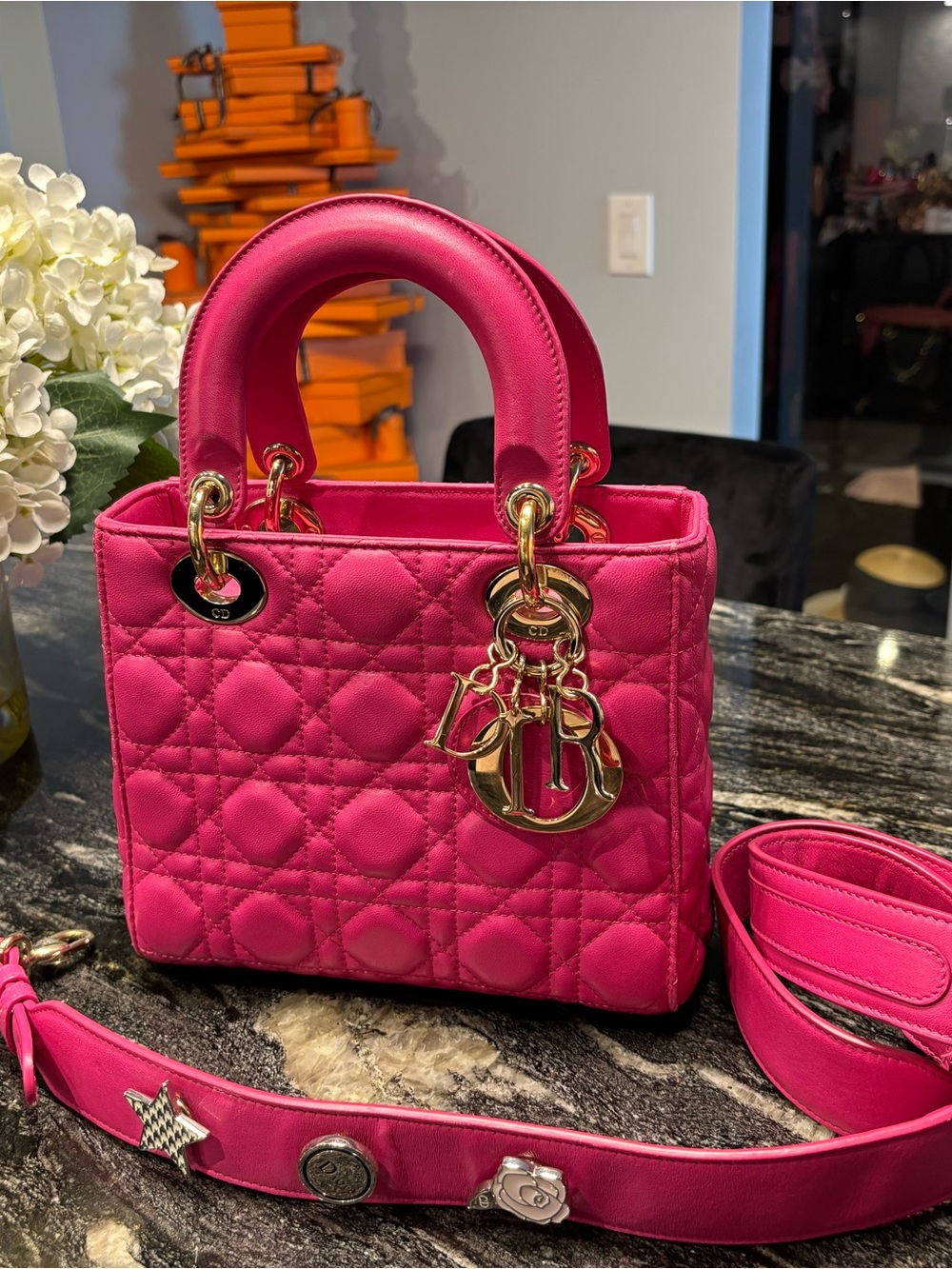 Dior Hot Pink Quilted Top-Handle Shoulder Bag with Strap
